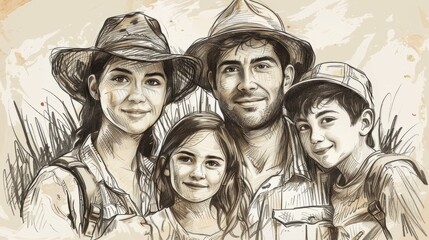 Illustration of a happy family dressed in explorer outfits, featuring detailed sketches and rustic tones, capturing their adventurous spirit.