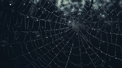 Spider web with dew drops on a black background. Halloween, decoration and horror concept. Cobwebs in the rain