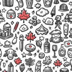 Happy national day of canada, seamless pattern with traditional symbols and icons in the doodle sketch style, flat design illustration vector isolated on white background