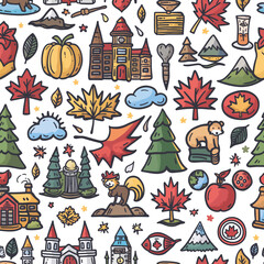 Happy national day of canada, seamless pattern with traditional symbols and icons in the doodle sketch style, flat design illustration vector isolated on white background