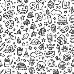 Seamless pattern with traditional symbols and icons in the doodle sketch style, outline illustration vector isolated on white background
