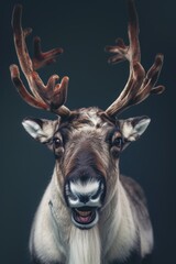 Mystic portrait of Reindeer or Caribou, copy space on right side, Anger, Menacing, Headshot, Close-up View Isolated on black background
