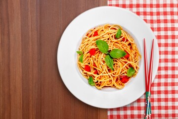 Tasty fresh noodle dish on the plate