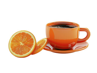 Bright orange cup of black coffee on a matching saucer with fresh orange slices, isolated on white background.