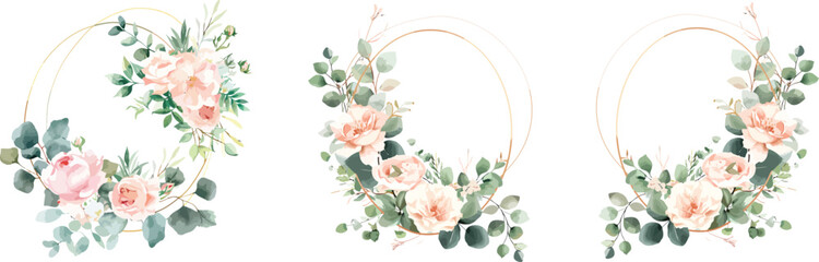 Set of watercolor floral arrangements of brown and peach roses and leaves. Botanic decoration illustration for wedding card, fabric, and logo composition