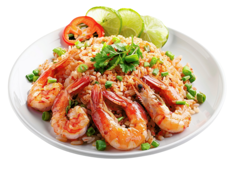 Delicious shrimp fried rice garnished with lime and tomatoes, served on a white plate, a perfect blend of flavors and textures.