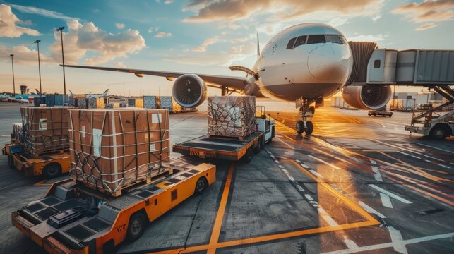 Air cargo logistics at the airport containers being loaded into a modern freighter jet