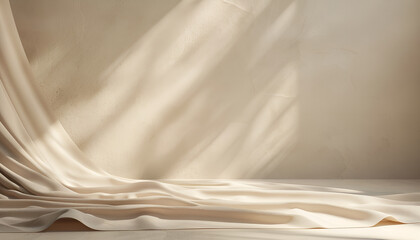 Obraz premium Warm Pastel Beige Elegant Fabric Backdrop for Versatile Product Presentations with Soft Shadows and Copy Space