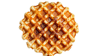 Fresh homemade waffle on a transparent background, perfect for breakfast or a sweet dessert. Golden brown and crispy, topped with syrup, this tasty snack is a culinary delight.
