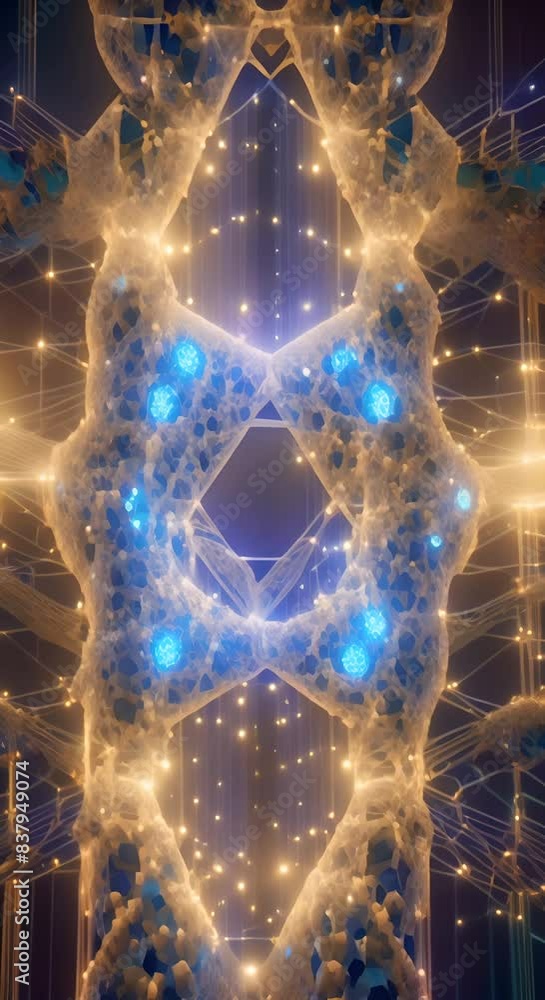 Poster intricate blue digital blockchain resembling dna with glowing blue nodes and connections symbolizing