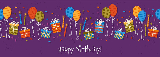 Obraz premium Fun hand drawn party seamless background with cakes, gift boxes, balloons and party decoration. Great for birthday parties, textiles, banners, wallpapers, wrapping - vector design