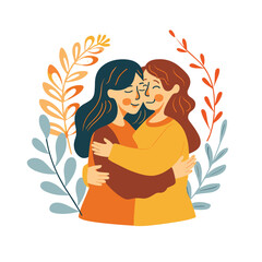 Two women embracing happily surrounded foliage. Women showing affection warm hug, comfort, happiness. Friends couple enjoying tender moment, love expression