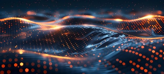 Obraz premium Abstract background with dark blue and orange glowing lines, digital waves of light and dots forming an abstract pattern on the surface of water, representing data technology or global network connect