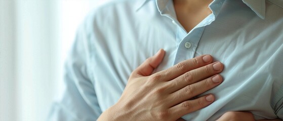 Close-up of a person clutching their chest in pain, indicating heart-related issues or discomfort. Healthcare and medical concept.