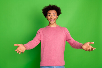 Photo of cheerful positive guy dressed pink pullover open arms ready hug you emtpy space isolated...