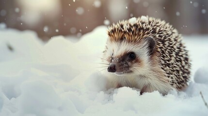 Obraz premium Macro of a hedgehog sitting in the snow.
