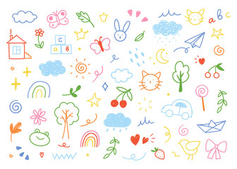 Children's drawings drawn in doodle style. Simple cute illustration isolated on white background.