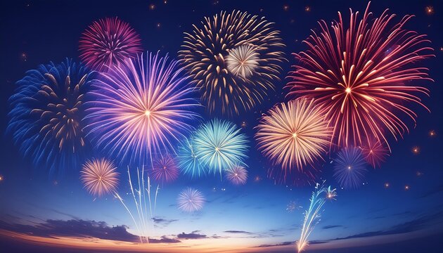 A stunning display of colorful fireworks bursts across the twilight sky, creating a breathtaking spectacle. 