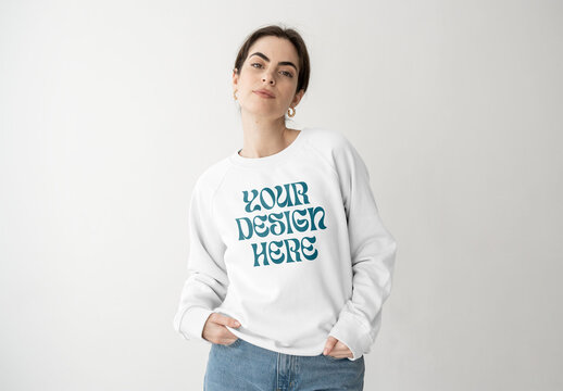 Mockup of woman wearing customizable sweatshirt