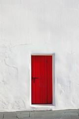 A vibrant red door stands alone in the center of a white wall, casting a slight shadow. The design is simple and clean, highlighting the door as the focal point.