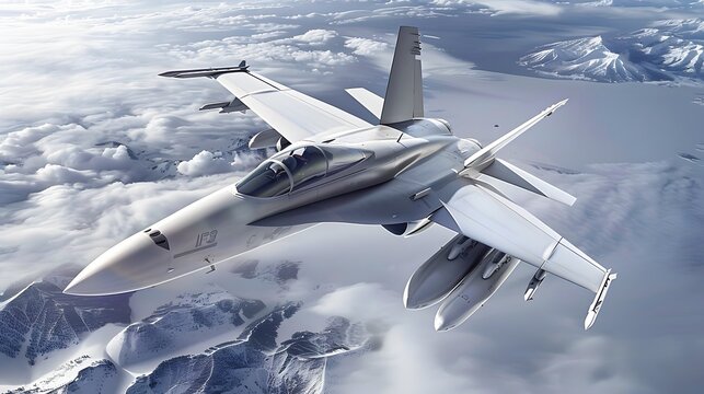 A white F/A-18 Super Hornet fighter jet flies over snow-covered mountains with a clear blue sky in the background.