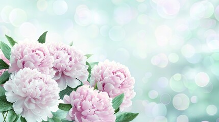 A bouquet of pink peonies in full bloom, set against an outdoor garden background with copy space for text or design elements.
