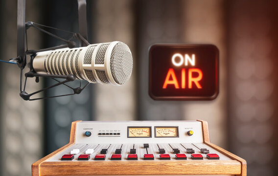 Microphone in radio studio and on air sign