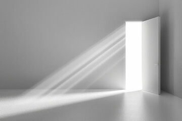 A minimalist door slightly open with a beam of bright light spilling out, illuminating the plain background. The simplicity of the scene highlights the contrast between light and shadow