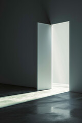 A minimalist door slightly open with a beam of bright light spilling out, illuminating the plain background. The simplicity of the scene highlights the contrast between light and shadow