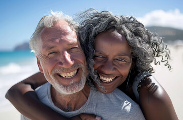 An elderly interracial couple is enjoying a happy beach vacation, with the woman hugging the man.