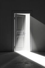 A minimalist door slightly open with a beam of bright light spilling out, illuminating the plain background. The simplicity of the scene highlights the contrast between light and shadow
