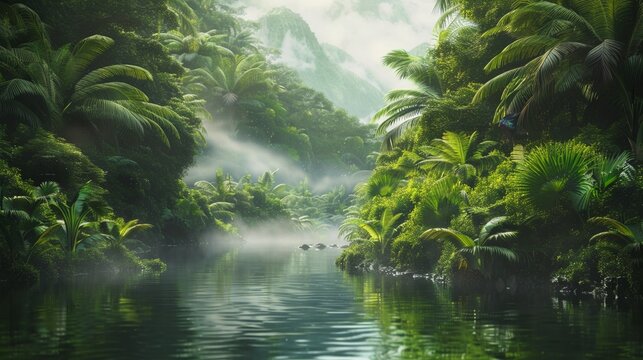 A misty river flows through a mystical and lush rainforest with towering green canopies.