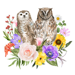 Owls png, watercolor collage element, transparent background