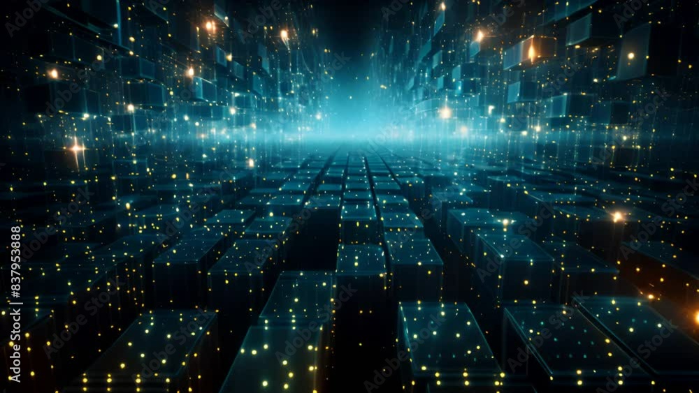 Poster mesmerizing flow of blockchain data particles,
