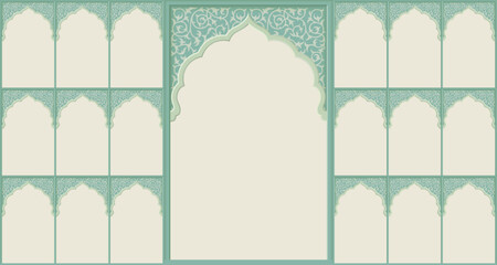 Set of windows Beautiful Arch small and Big Design with Indian Rajasthani fort and Culture. Wedding Backdrop and other uses. Abstract Indian floral design, Persian carpet, tribal texture, Vector.
