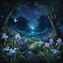 Naklejka premium A field of irises bursts forth in vibrant hues of blue and white, transforming the earth into a breathtaking wonderland.