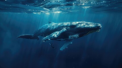 Fototapeta premium Majestic blue whale swimming with a calf in the deep blue ocean, viewed from below with sun rays filtering through the water