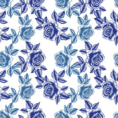 Roses with leaves hand drawn flower and letters seamless pattern for textile design, scrapbook,wallpaper.