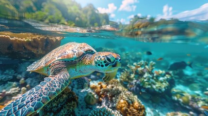 Obraz premium Diverse marine ecosystem with a vibrant coral reef, teeming with colorful fish and a curious turtle, under crystal clear water