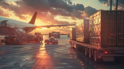 Cargo loading at the airport containers being prepared for shipment into a freighter jet aircraft