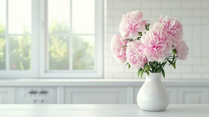 White flowers in a vase on a table against a kitchen interior with white cabinets and a dining area, closeup.