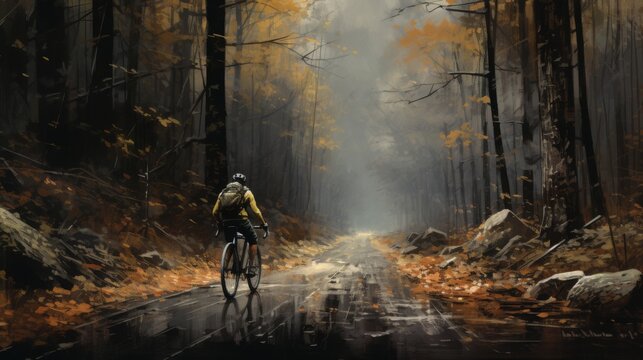Male race cyclist driving on the autumn forest road. Cyclist riding in the foggy autumn forest