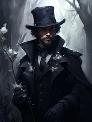 Obraz premium Vintage man wearing a cylinder and classic costume in the foggy forest. Classic man wearing suit