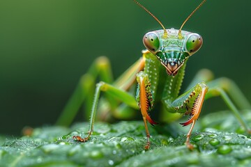 Fototapeta premium Macro shot of a praying mantis in a hunting pose on a green leaf, showcasing its predatory features and camouflage skills