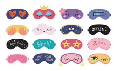 Sleep eye masks set. Collection of funny night accessories for healthy sleeping, travel and recreation. Isolated vector illustrations on white background