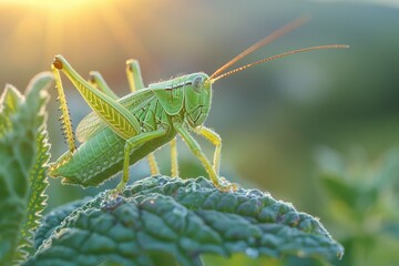 Fototapeta premium A scenic view of a grasshopper leaping from one leaf to another, capturing the motion blur, with a backdrop of a lush green field