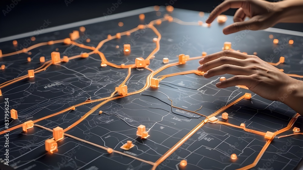 Poster a visual representation of digital hands on a map, indicating ai technology in gps navigation and tr