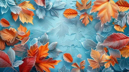 A blue background with a lot of orange and red leaves