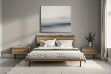 minimalist modern bedroom interior with horizontal artwork realistic 3d rendering