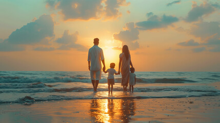 Family walking on beach at sunset